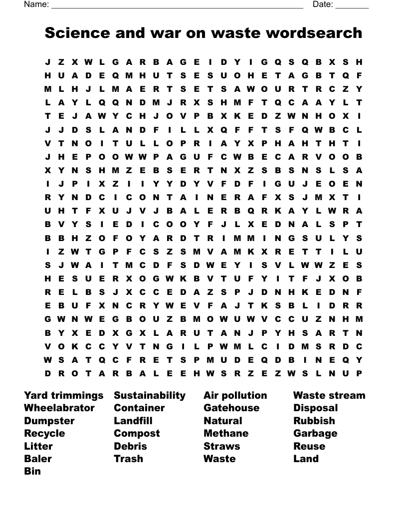 Science and  war on waste wordsearch