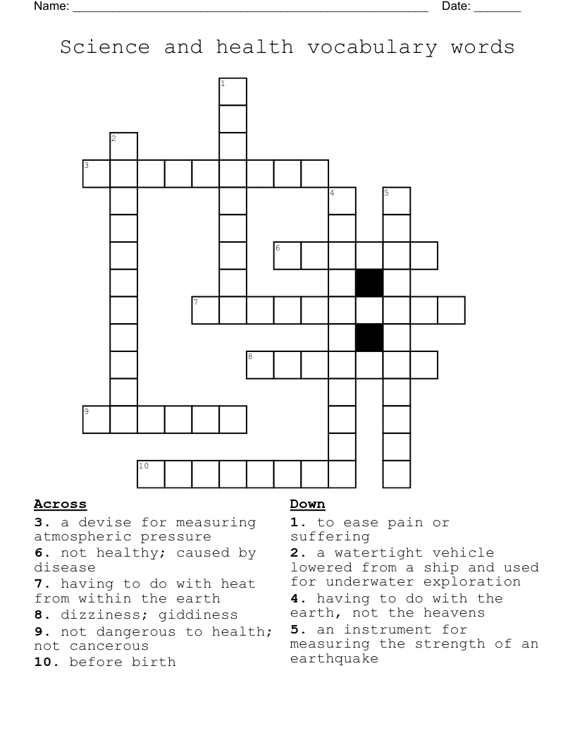 Science and health vocabulary words Crossword