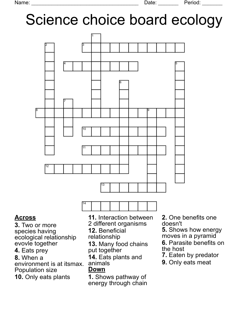 Science choice board ecology Crossword
