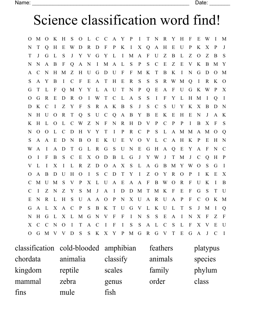 Science classification word find!     Word Search