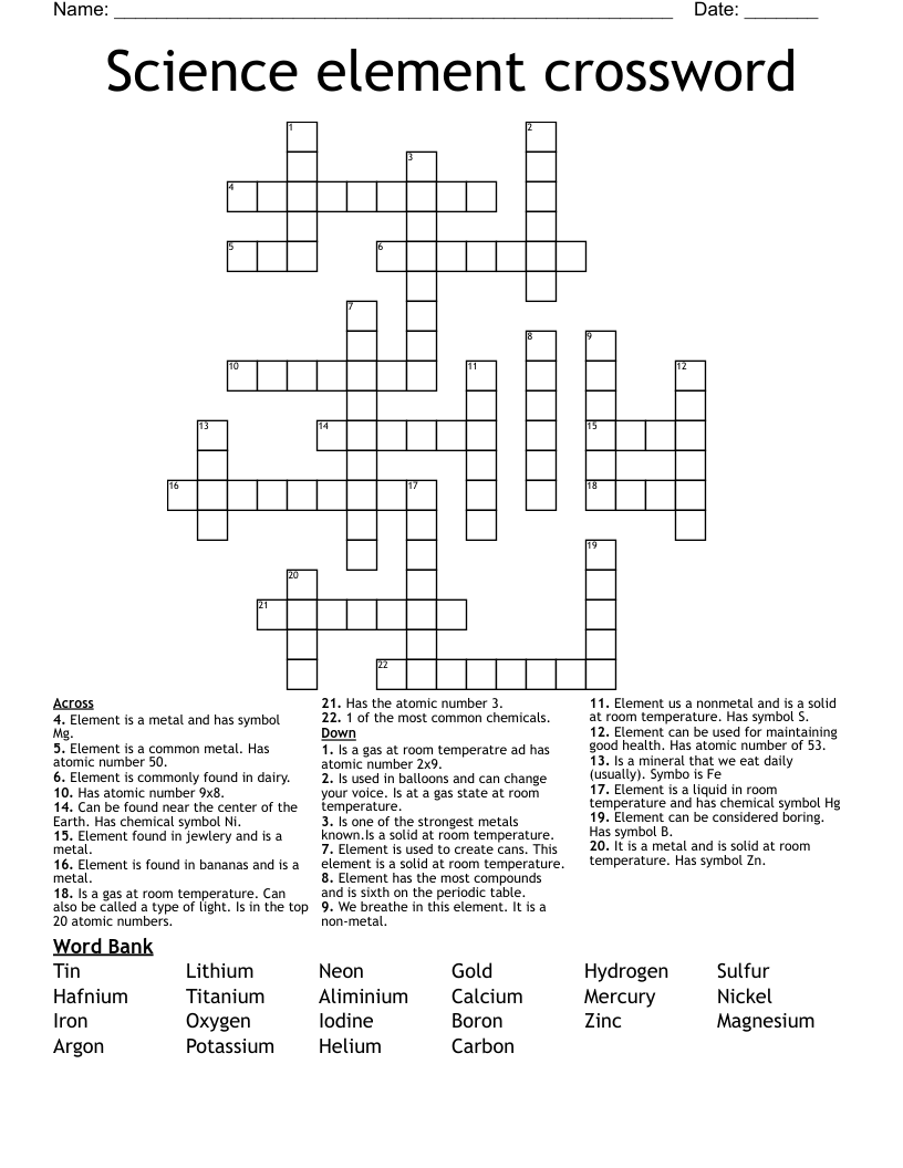 Science element crossword