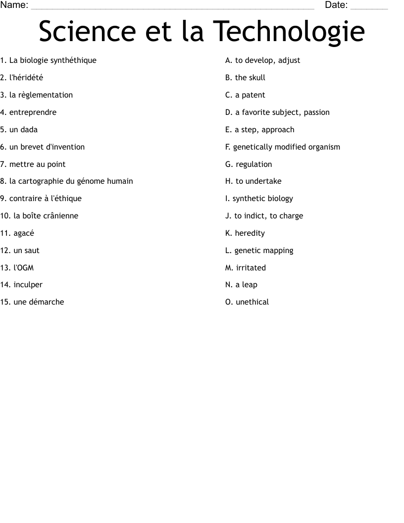 Science et la Technologie Worksheet