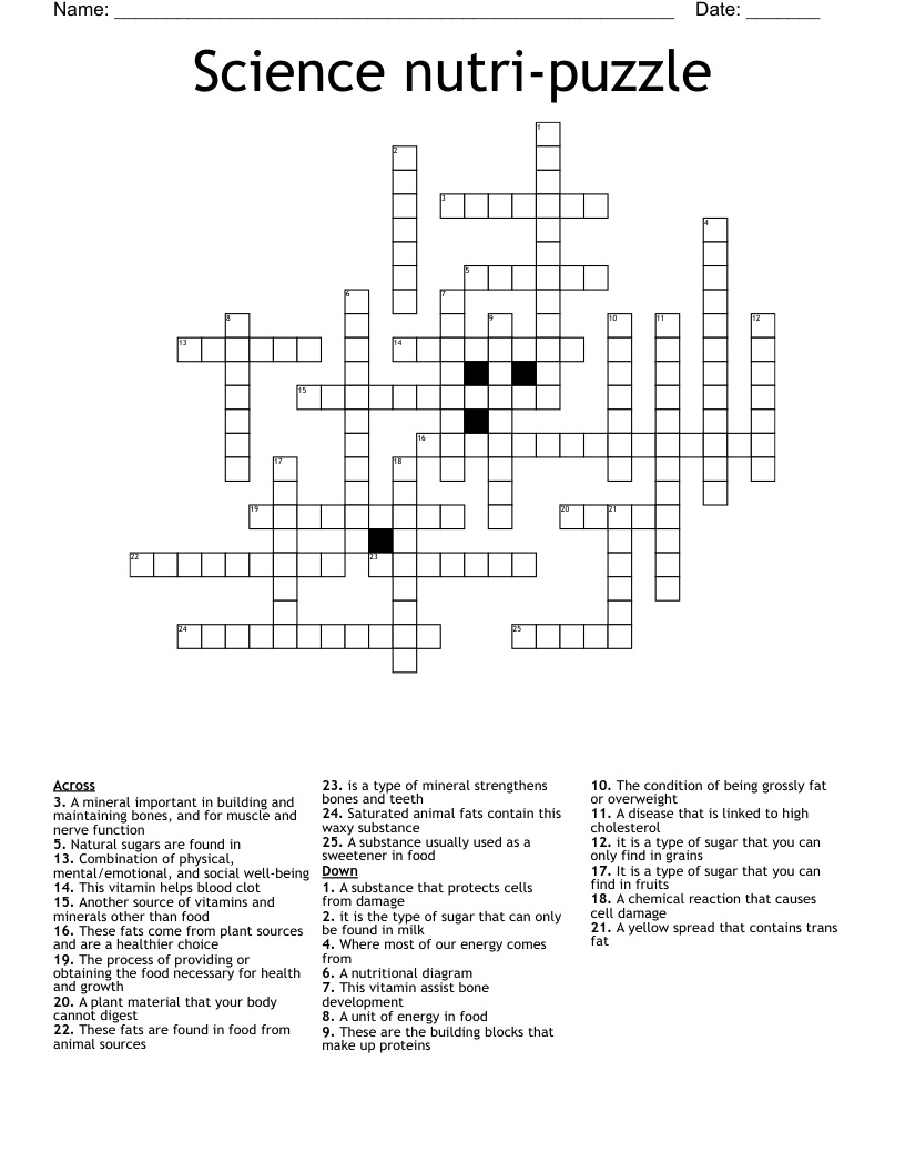 Science nutri-puzzle Crossword