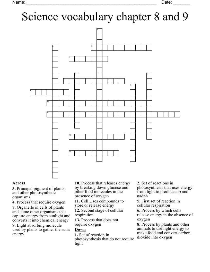 Science vocabulary chapter 8 and 9 Crossword