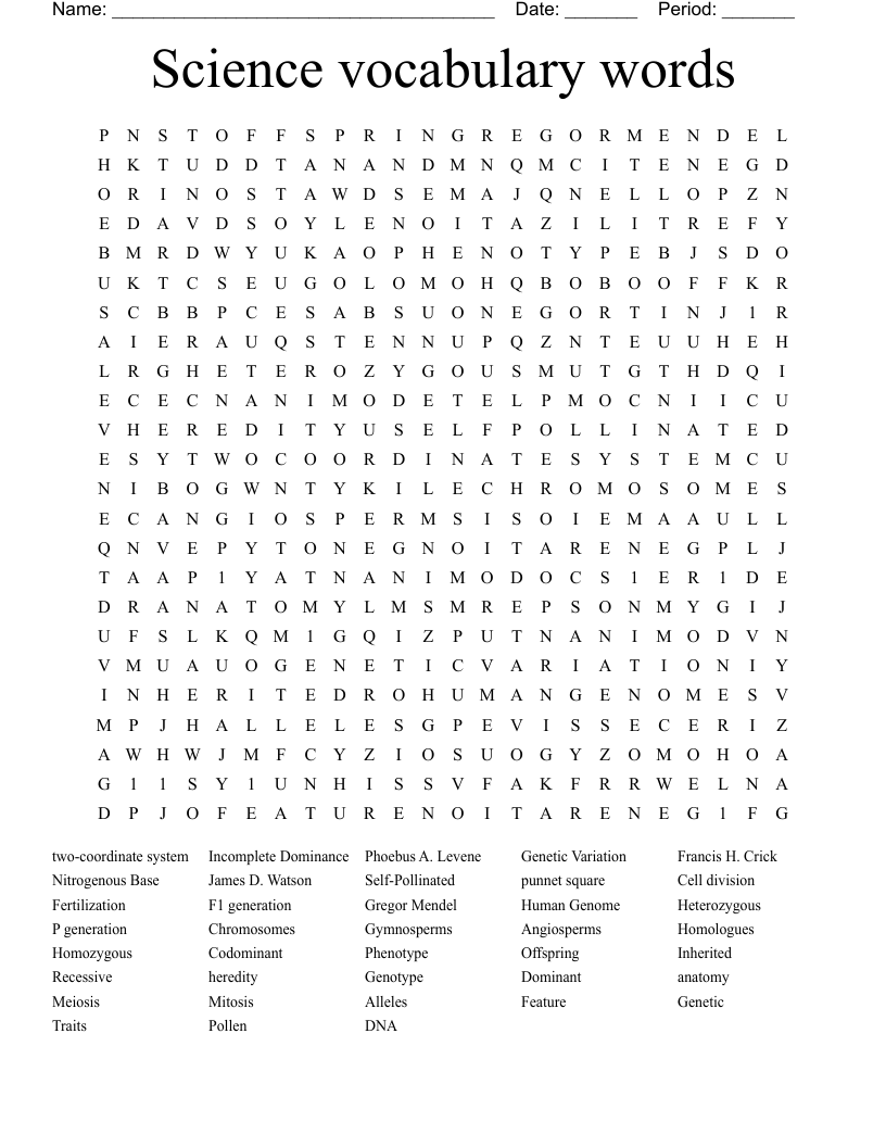 Science vocabulary words Word Search