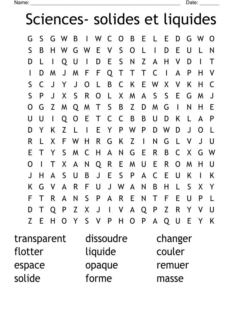 Sciences- solides et liquides Word Search