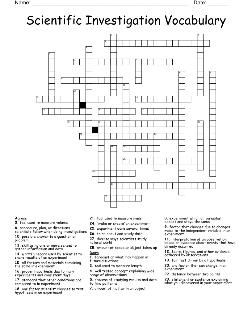 Scientific Investigation Vocabulary Crossword