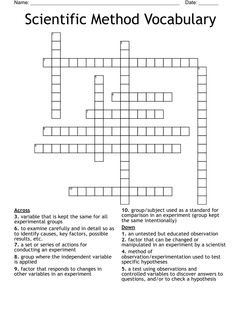 Scientific Method Vocabulary Crossword