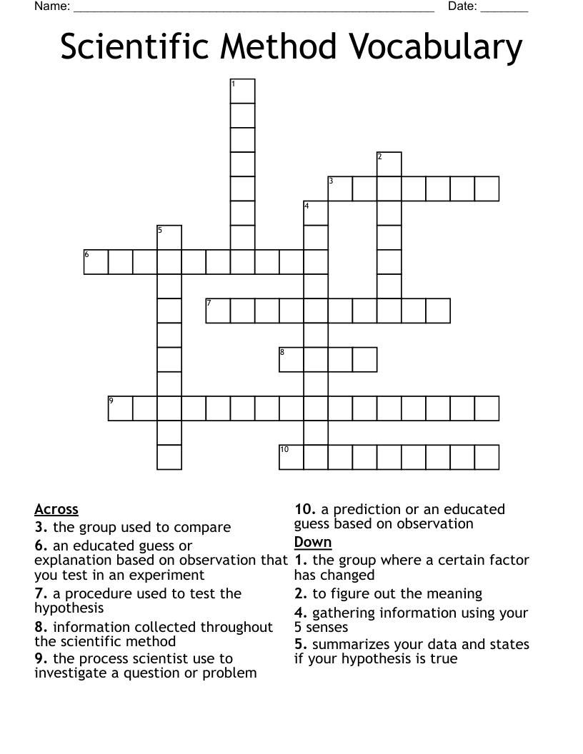 Scientific Method Vocabulary Crossword