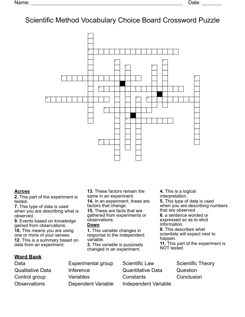 Scientific Method Vocabulary Choice Board Crossword Puzzle