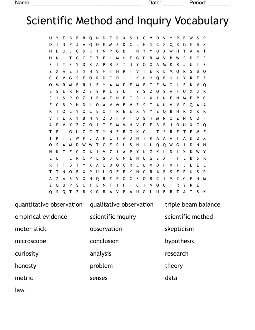 Scientific Method and Inquiry Vocabulary Word Search