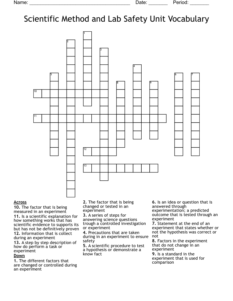 Scientific Method and Lab Safety Unit Vocabulary Crossword