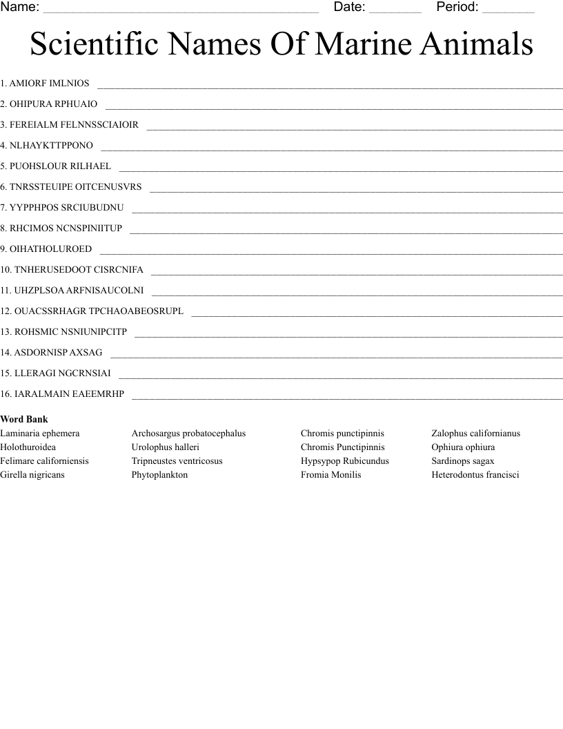 Scientific Names Of Marine Animals Word Scramble