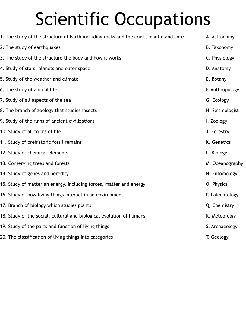Scientific Occupations Worksheet