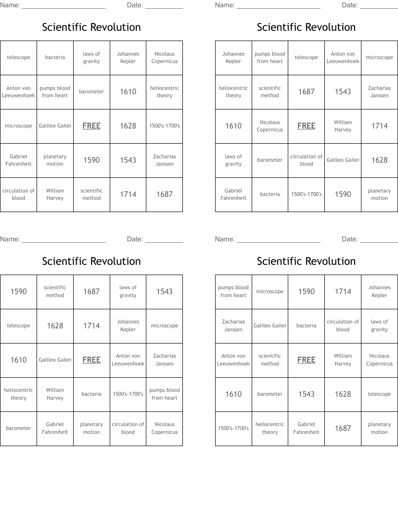 Scientific Revolution Bingo Cards