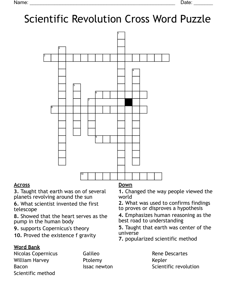 Scientific Revolution Cross Word Puzzle