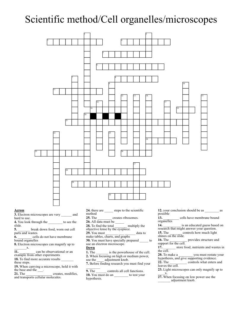 Scientific method/Cell organelles/microscopes Crossword