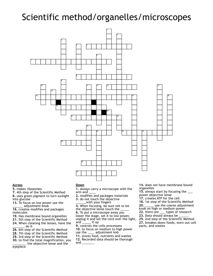 Scientific method/organelles/microscopes Crossword