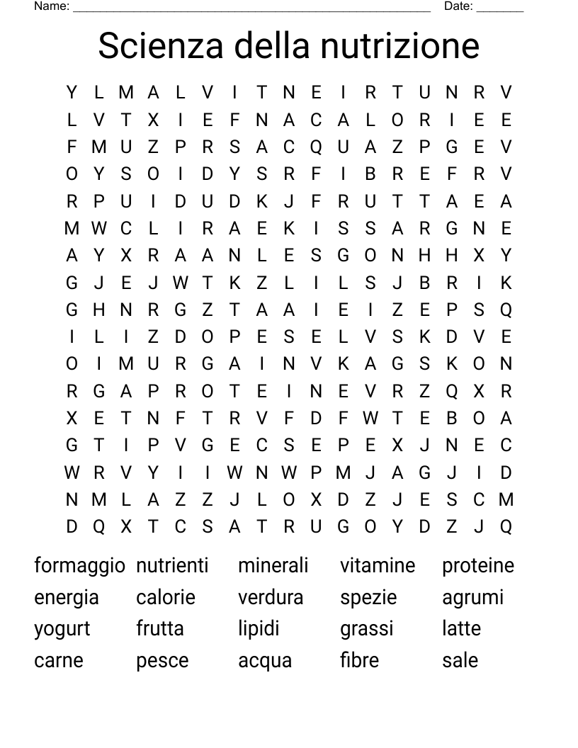 Scienza della  nutrizione Word Search