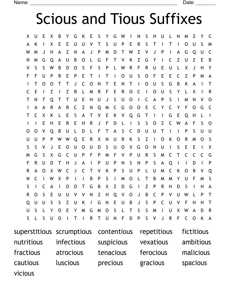 Scious and Tious Suffixes Word Search