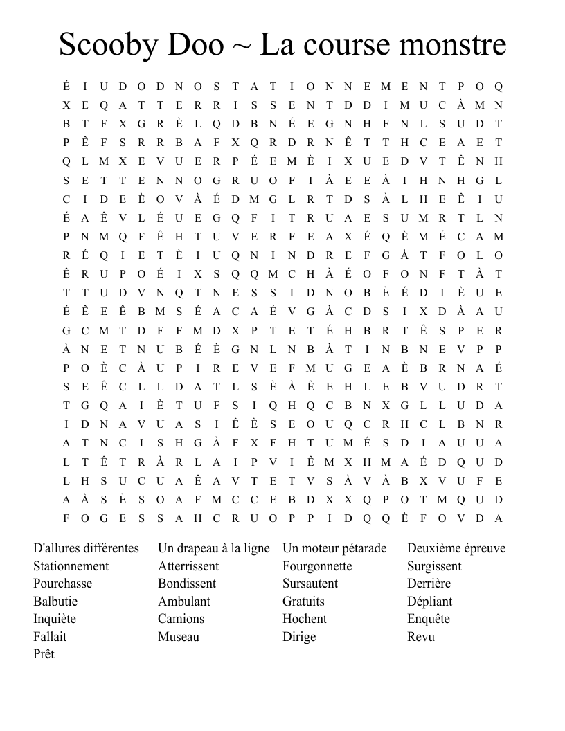 Scooby Doo ~ La course monstre Word Search