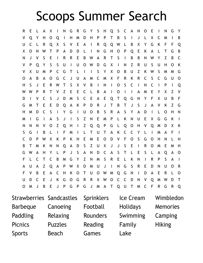 Scoops Summer Search Word Search