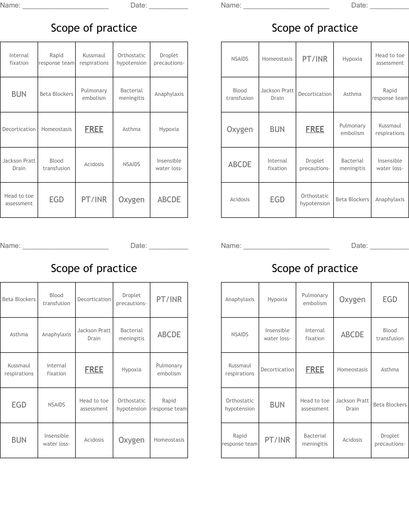 Scope of practice  Bingo Cards