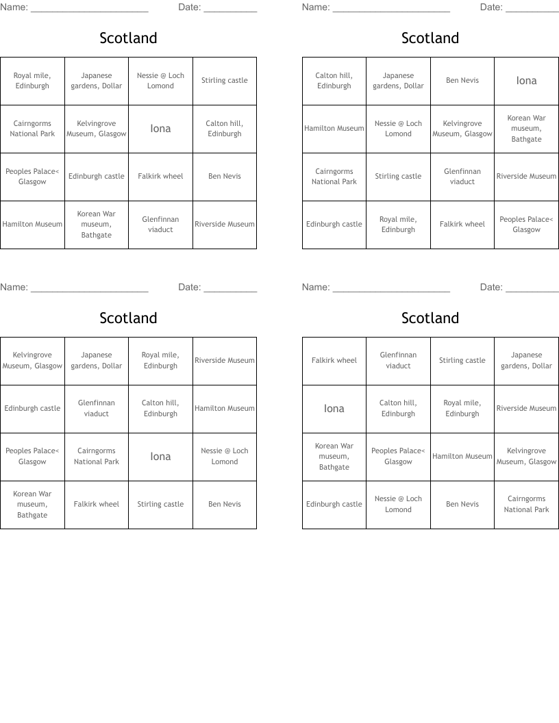 Scotland Bingo Cards