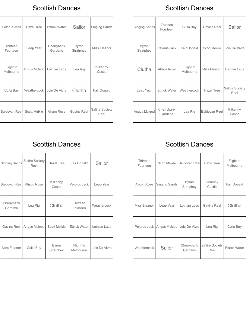 Scottish Dances Bingo Cards