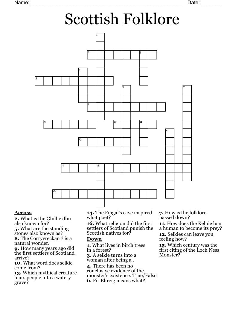 Scottish Folklore Crossword