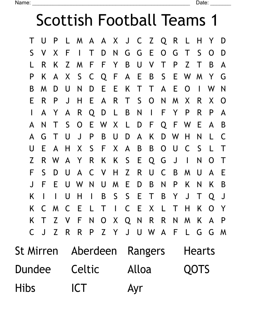 Scottish Football Teams 1 Word Search