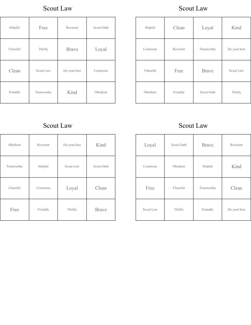 Scout Law Bingo Cards