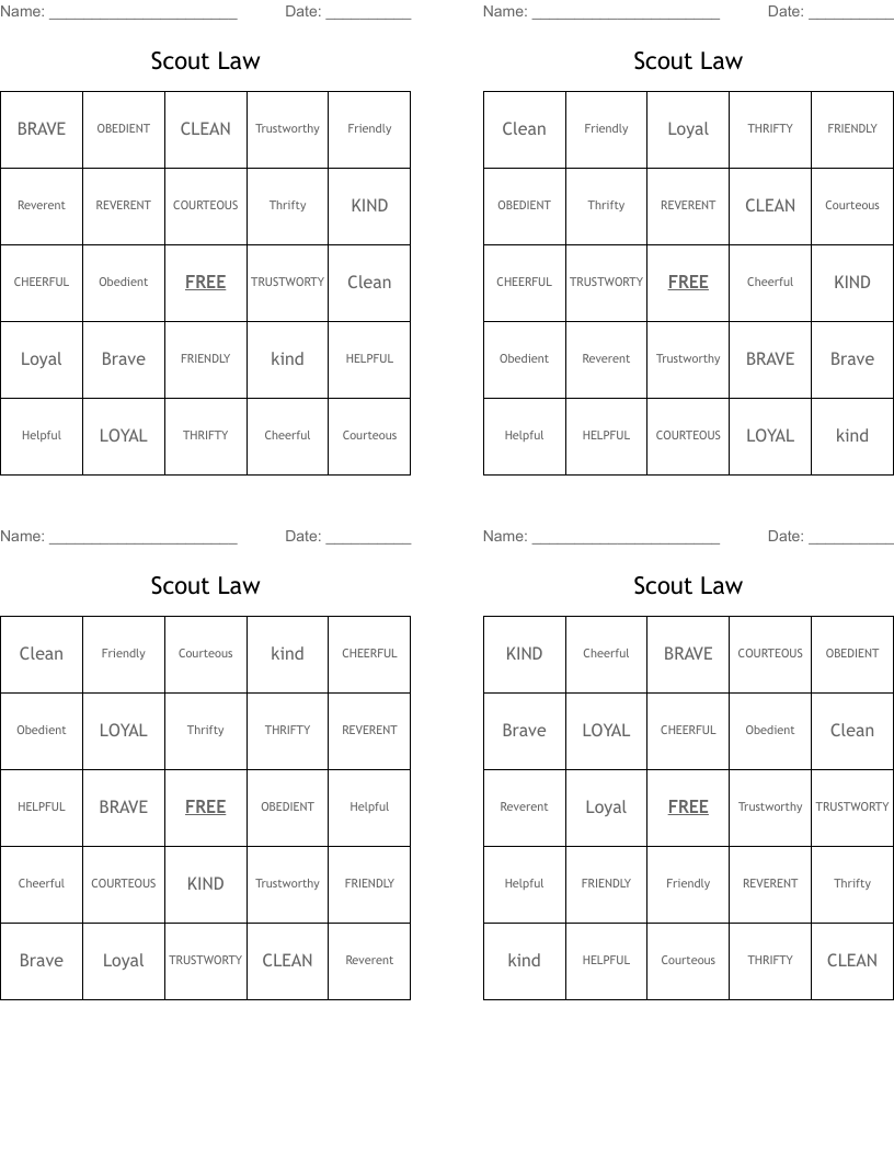 Scout Law Bingo Cards