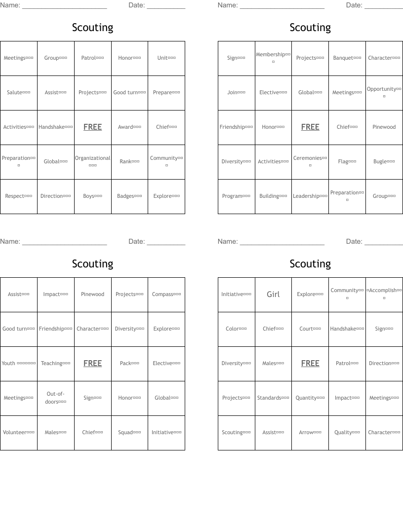 Scouting Bingo Cards