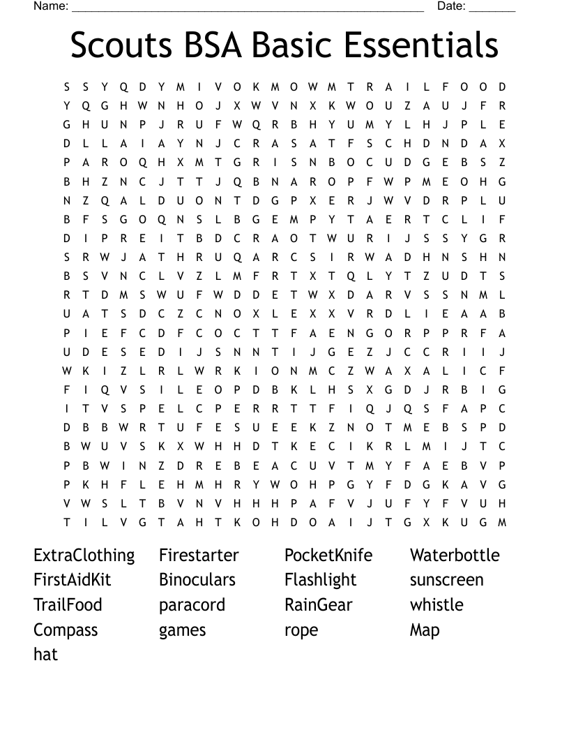 Scouts BSA Basic Essentials Word Search