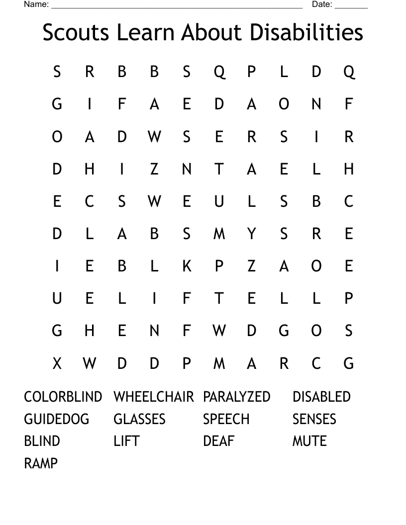 Scouts Learn About Disabilities Word Search