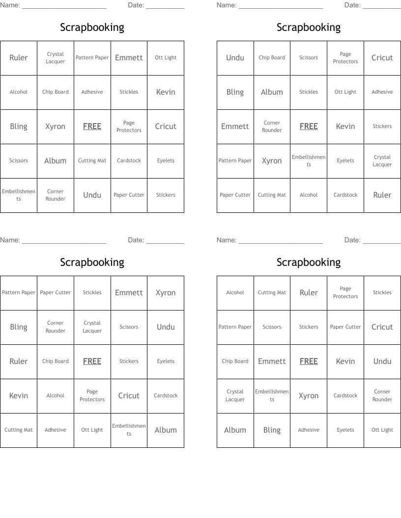 Scrapbooking Bingo Cards