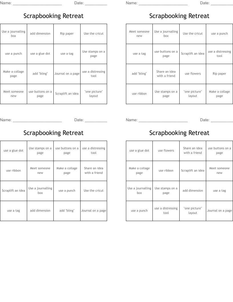 Scrapbooking Retreat Bingo Cards
