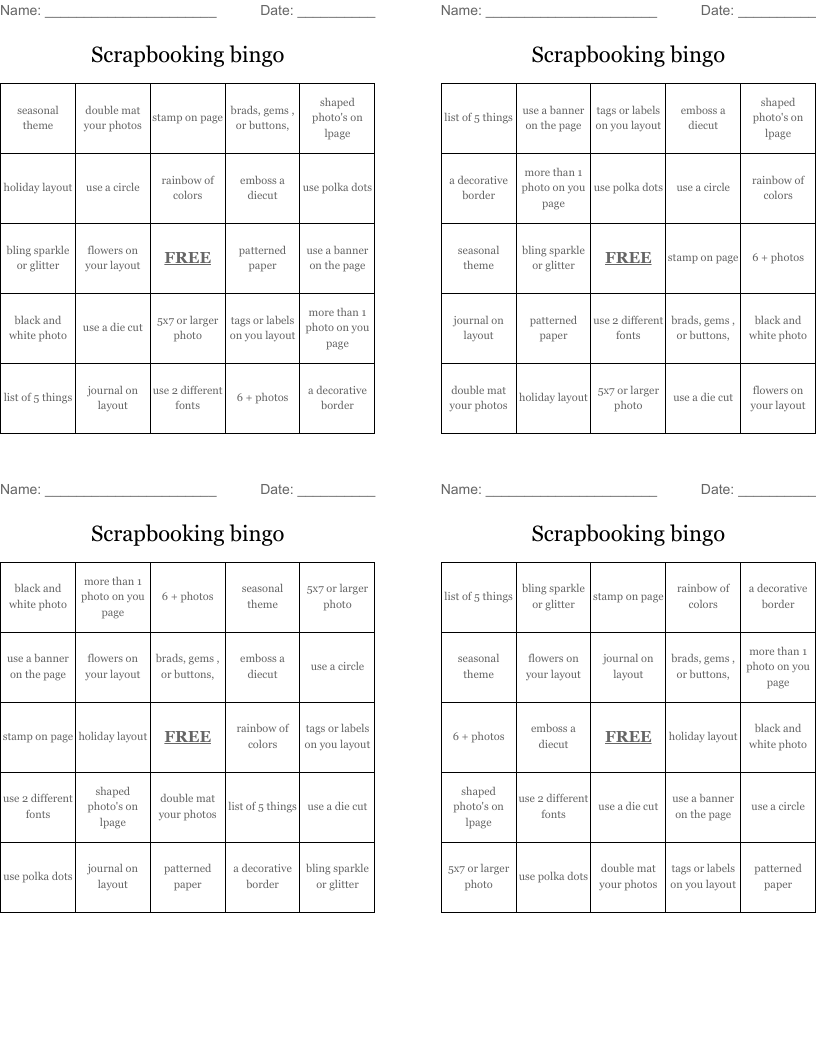 Scrapbooking bingo