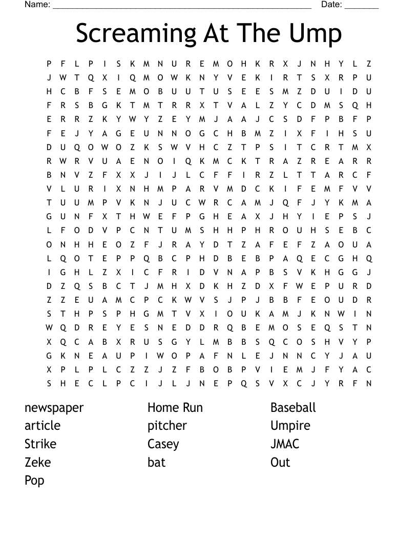 Screaming At The Ump Word Search