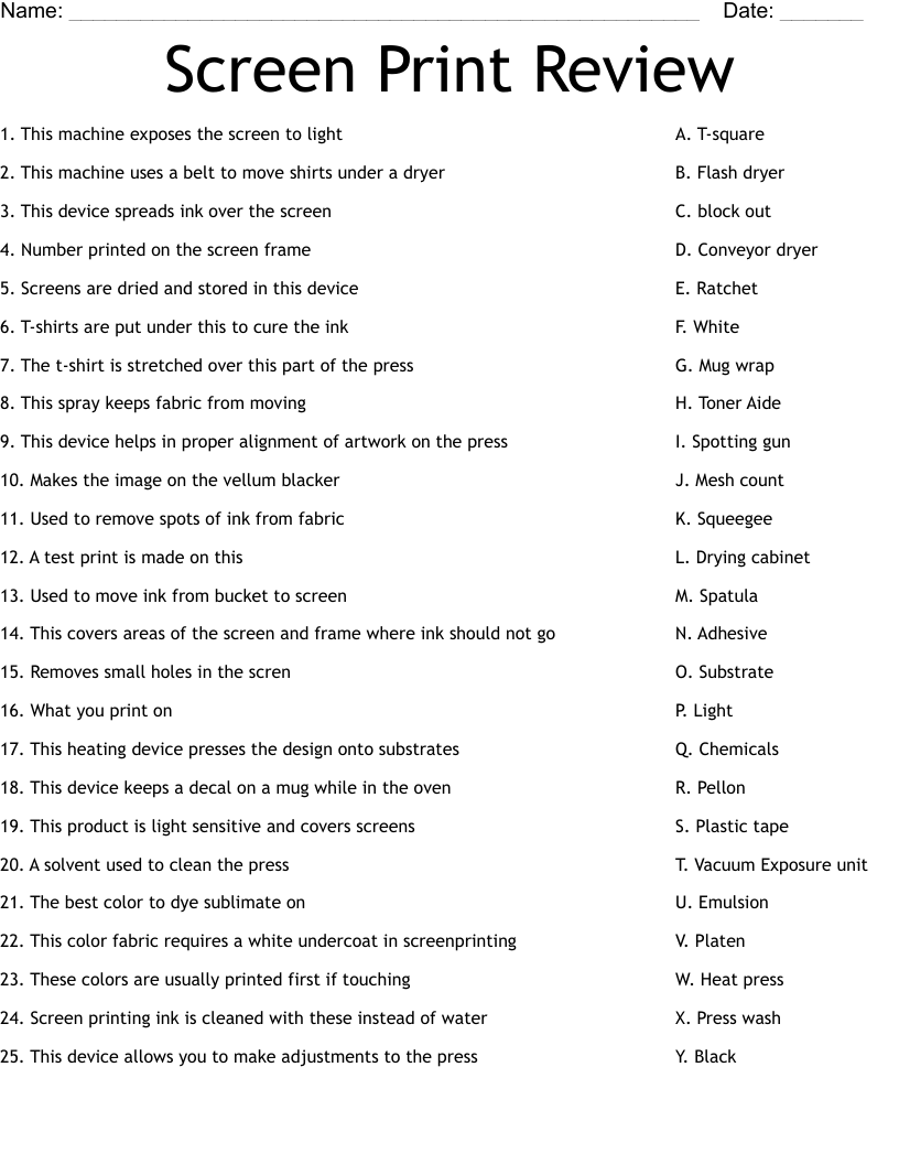 Screen Print Review Worksheet