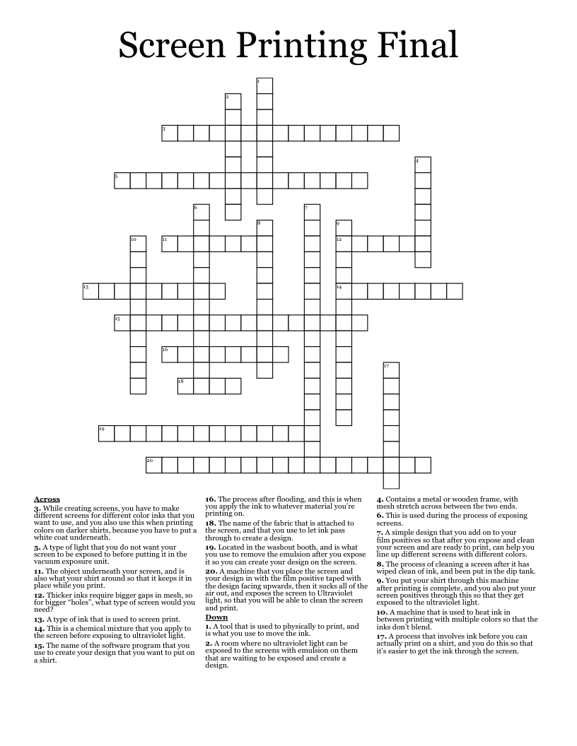Screen Printing Final Crossword