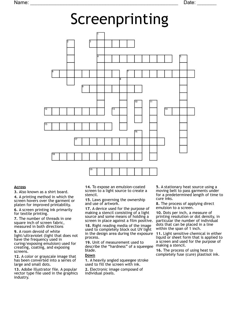 Screenprinting  Crossword