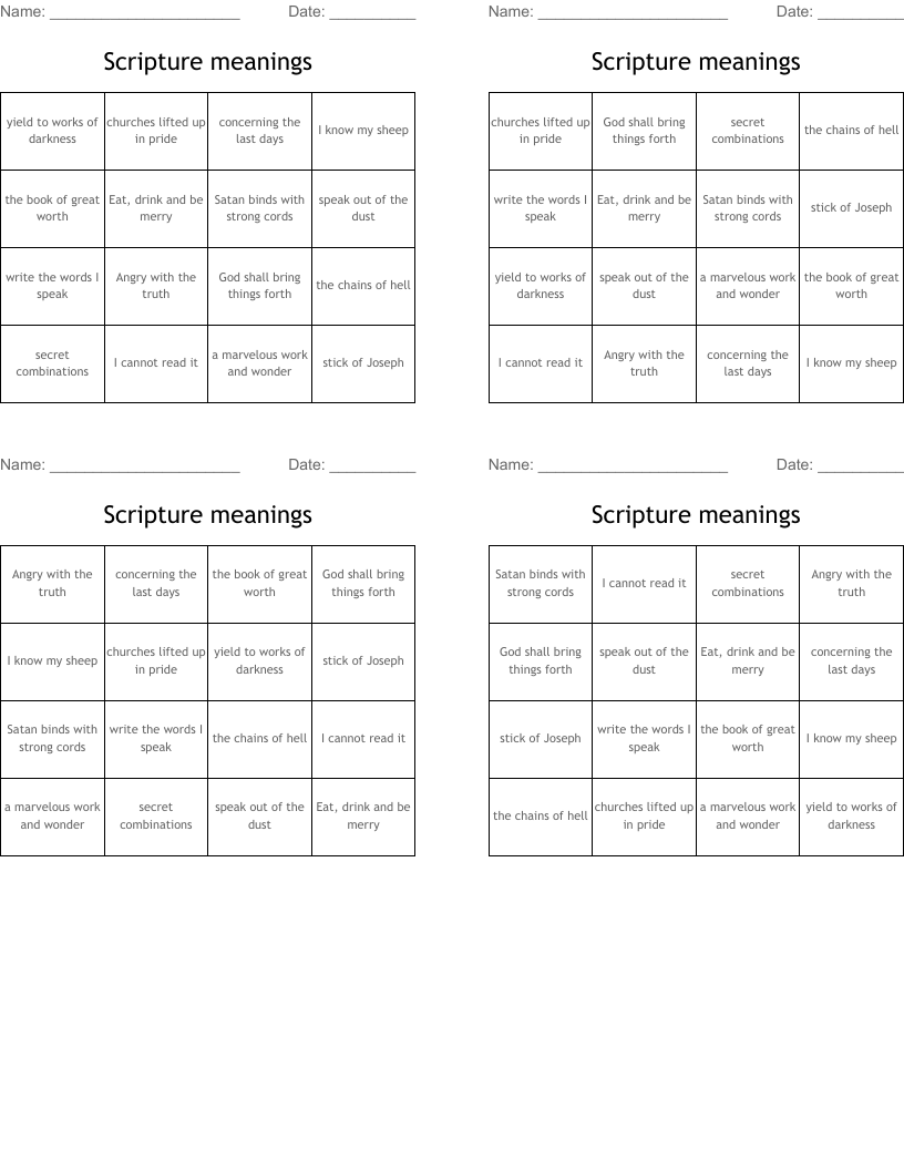 Scripture meanings Bingo Cards