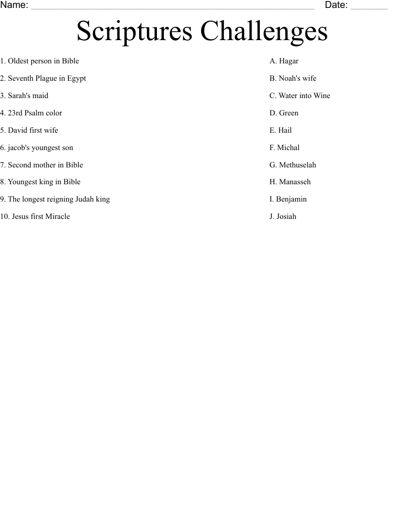 Scriptures Challenges Worksheet