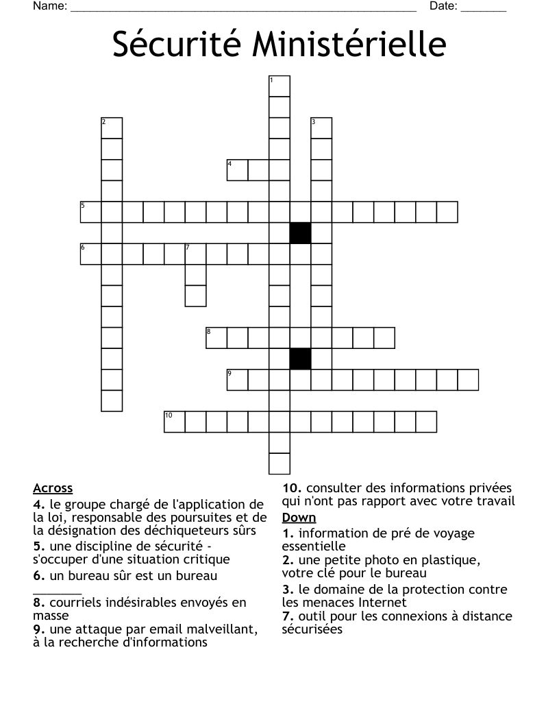 Sécurité Ministérielle Crossword