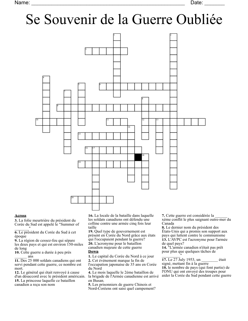 Se Souvenir de la Guerre Oubliée Crossword
