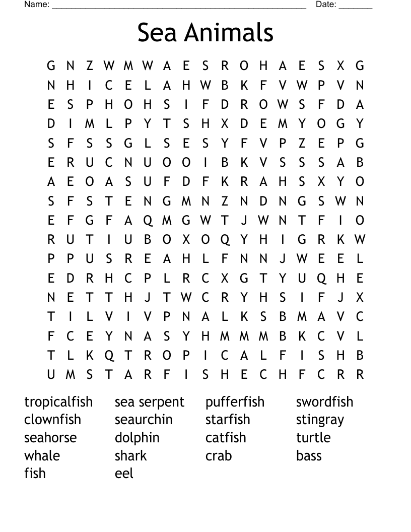 Sea Animals Word Search