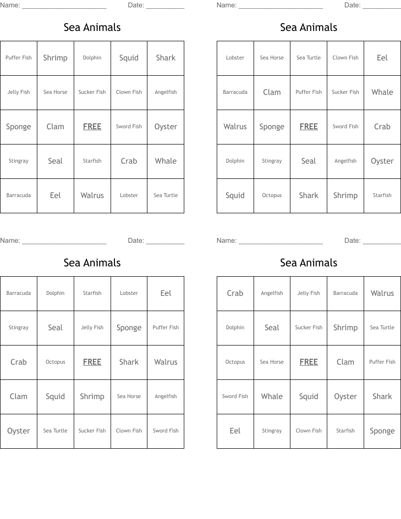 Sea Animals Bingo Cards