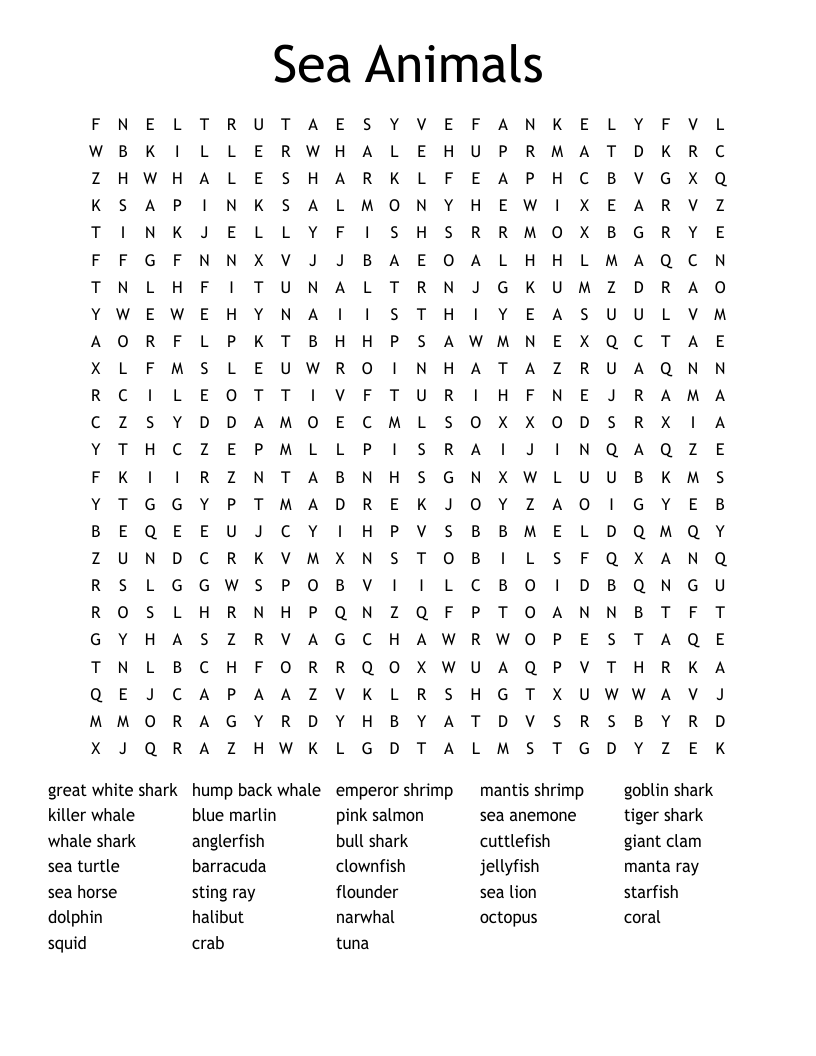Sea Animals  Word Search
